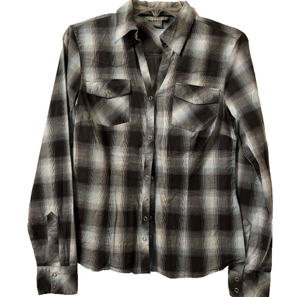 Western Plaid Shirt Sm Snap Buttons Long Sleeves Black Gray Light Blue